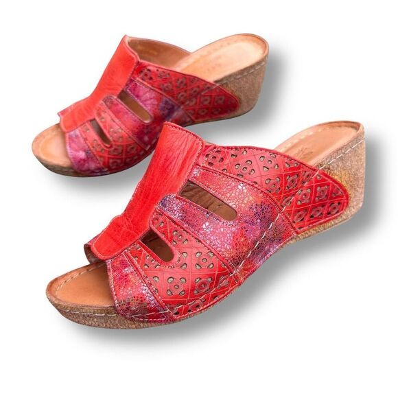 Spring Step Onaona Red Women's Leather Slide Sandals Size 8 Casual Wedge - Picture 2 of 16